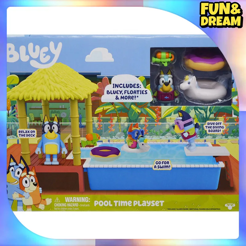 Oryginalne Bluey Pool Scene Dolls Beach Splash House Playset Beach Cottage Set Pełny zestaw lalek Beach Resort Prezent urodzinowy