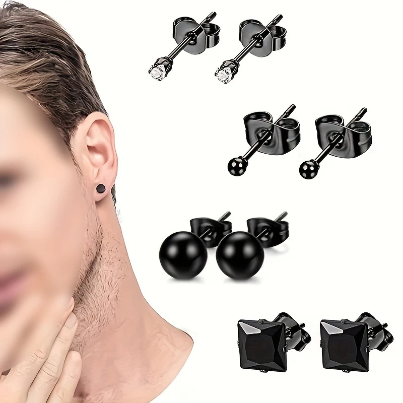 1/4 Pairs Stainless Steel Multiple Black Simple Ear Studs for Men Women Punk Gothic Style CZ Round Ball Earring Fashion Jewelry