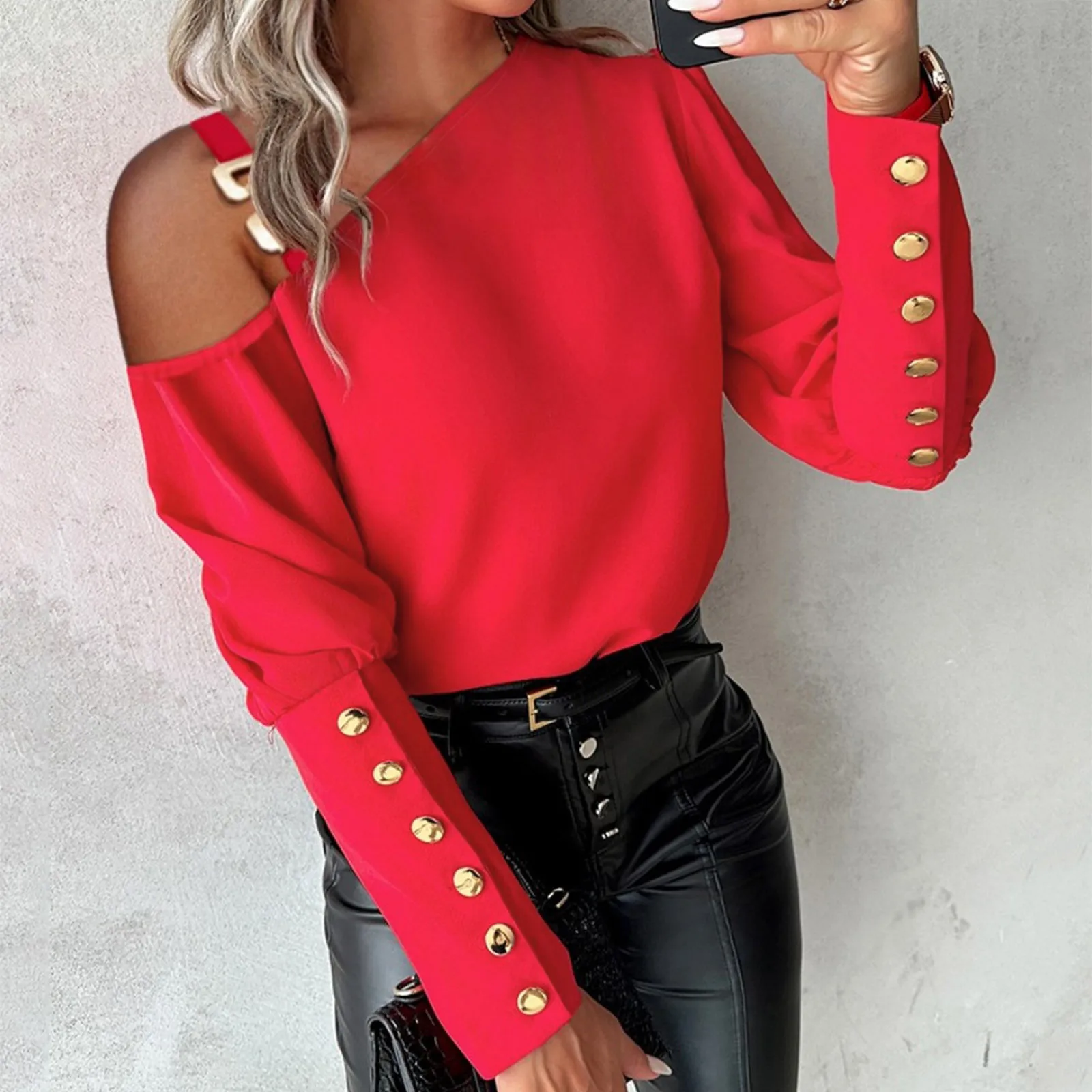 Summer Women\'s Sexy Cold Shoulder Blouse Button Decor Long Sleeve Tops 2024 Fashion Casual Blouses Y2K Clothes Blusas Para Mujer