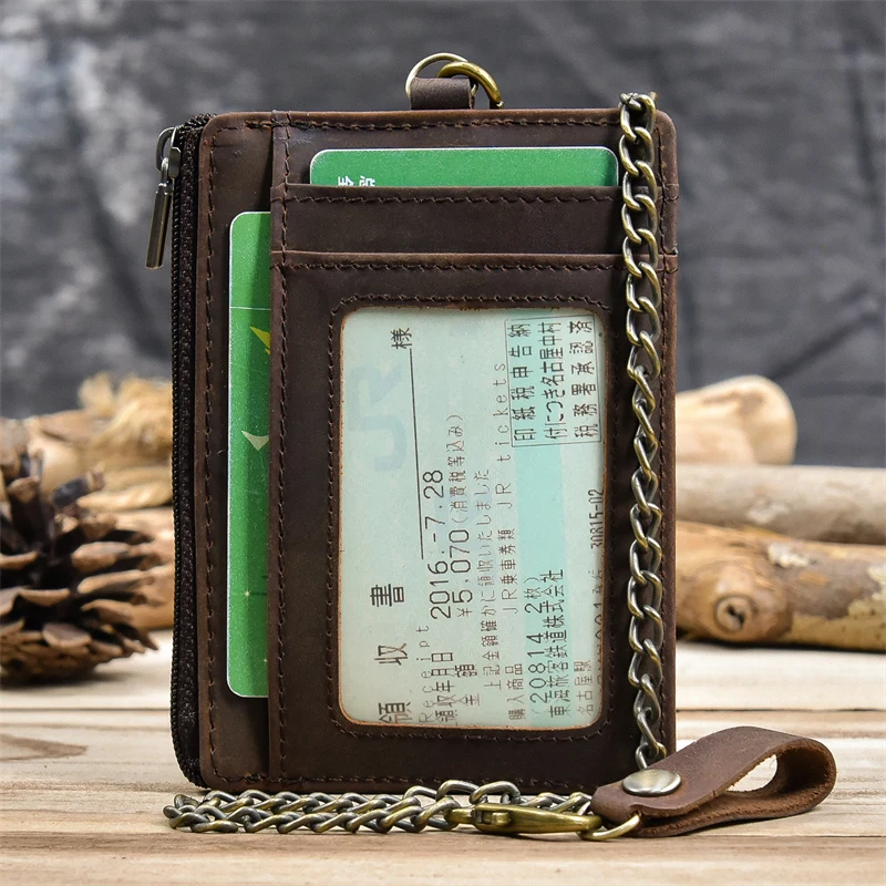 Genuine Leather Card Purse Men Women ID Credit Zipper Mini Coin Purse Wallet With iron Key Chains Men\'s Small Wallet For Tickets