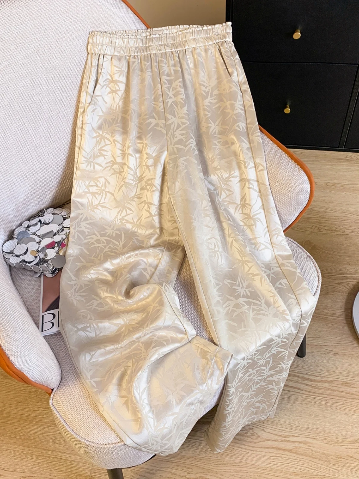 

Новые китайские женские широкие брюки с бамбуковым принтом, прямые, повседневные, с эффектом похудения, на эластичной талии, универсальные, модные