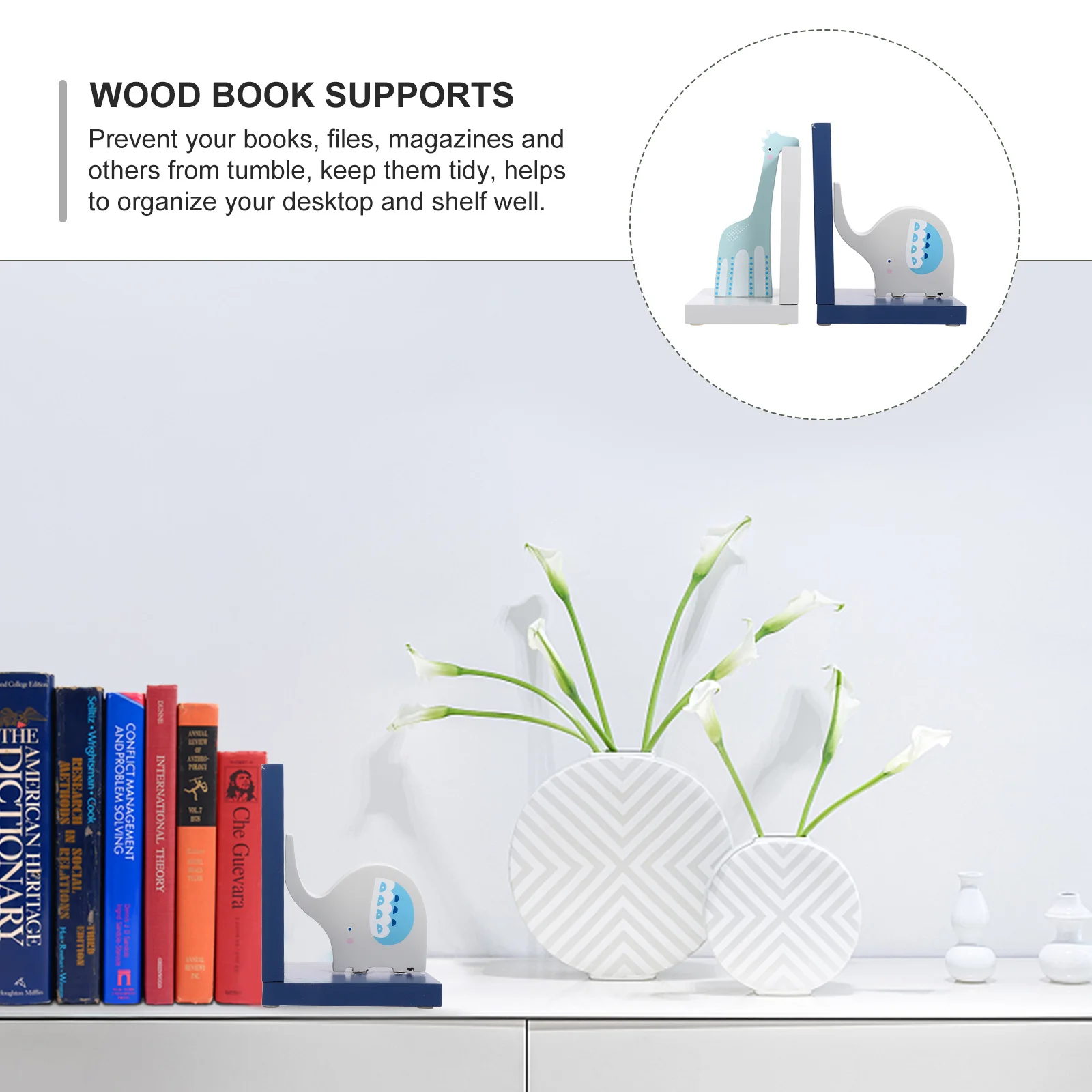 

1Pair Cartoon Animal Wood Bookends Practical Book Organizers for Office Home Desk Shelf File Support Wood Book Supports