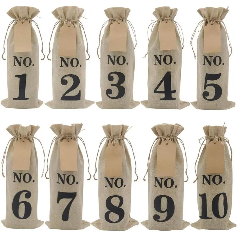 Set of 10 Burlap Wine Bags with Tags for Blind Tasting or Festive Celebrations