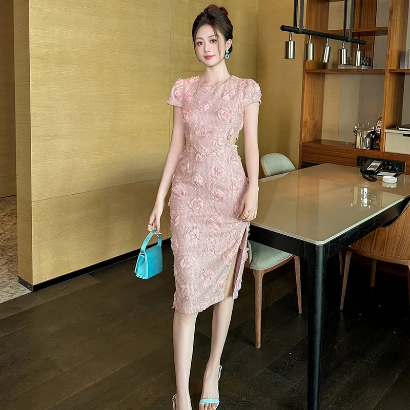 2024 Summer New Women's Hollow Flower Knitted Pink Dress