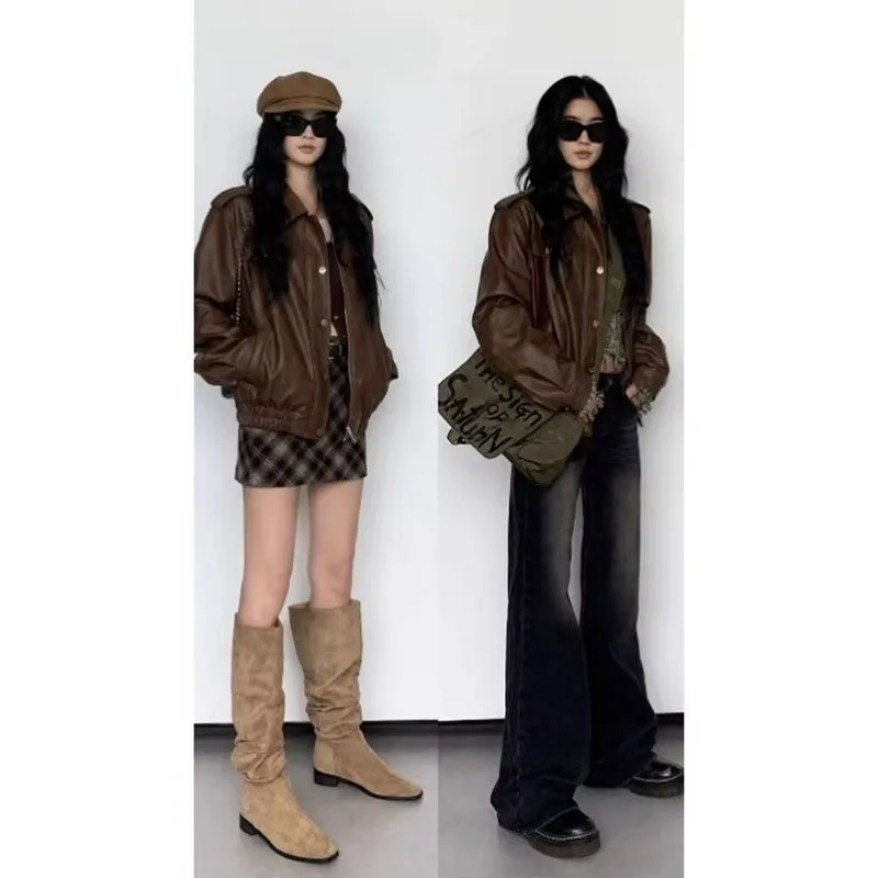 빈티지 홍콩 스타일 세련된 갈색 가죽 자켓 여성 의류 가을 겨울 Maillard Wear 하이 엔드 오토바이 자켓 탑