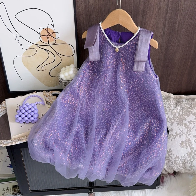 

Summer Hot-Selling Girls' Dress Purple Sequin Fairy Dress Mesh Sleeveless Princess Dress Children's Fashion