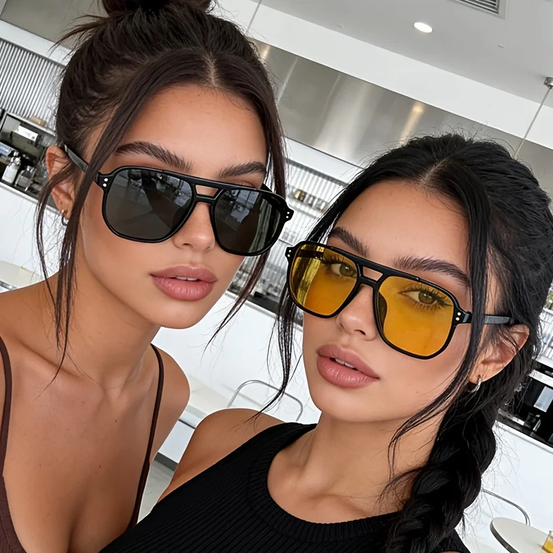 2Pcs Unisex Double Bridge Oversized Frame Retro Glasses Set Couple Dating Street Photo Beach Vacation Eyewear