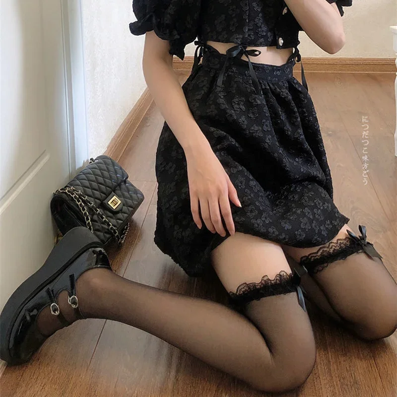 Women Black Bows Japanese Lolita Knee High Long Socks JK White Stockings Sexy Lace Thigh High Stockings Girls Kawaii Stockings