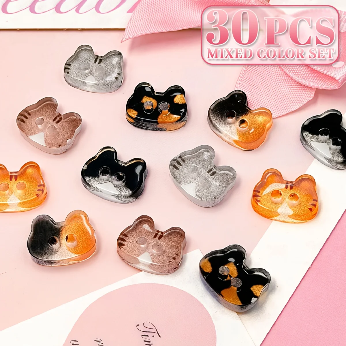 30Pcs Cute Cat Two-eye Buttons 12mm Colourful Cartoon Cat Resin Buttons DIY Kids' Clothes Hats Socks Buttons for Creative Use