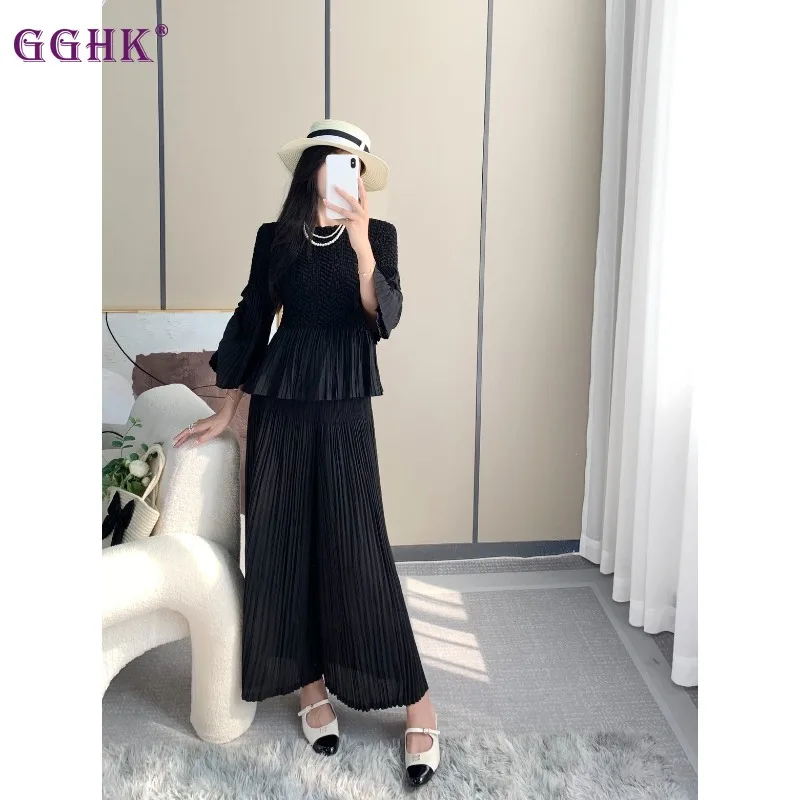 

GGHK Pleated Women Set Round Neck Flared Sleeve Top + High Waisted Loose Wide Leg Pants 2024 Fall New Female Two Piece Set