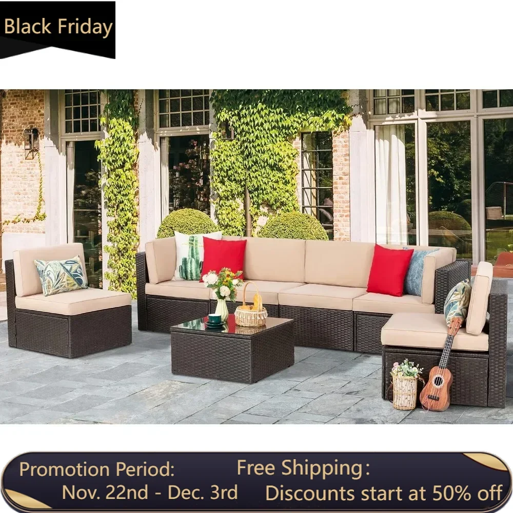 7-piece courtyard furniture set, L-shaped rattan segmented courtyard sofa with backyard glass table, beige color