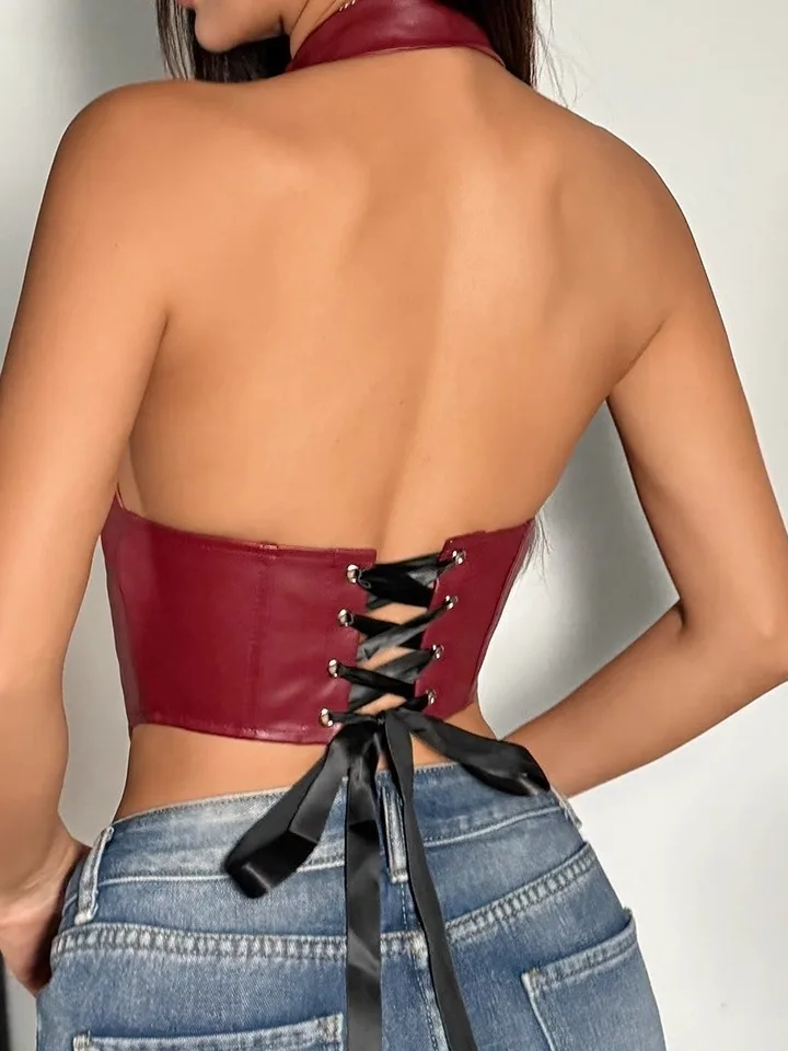 Sexy PU Leather Off-The-Ne Waist-Cinched Top Street Sle ort Sve Women's Vest Strapl Summer Faion China Made