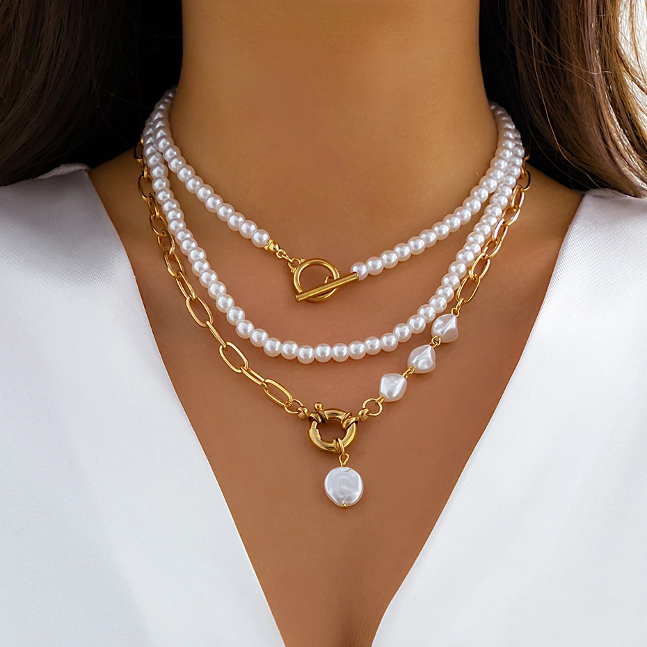 Ingemark Multilayer Imitation Pearl OT Buckle Pendant Necklace Women Wed Bridal Goth Bead Chain Y2K Accessories Neck Jewelry