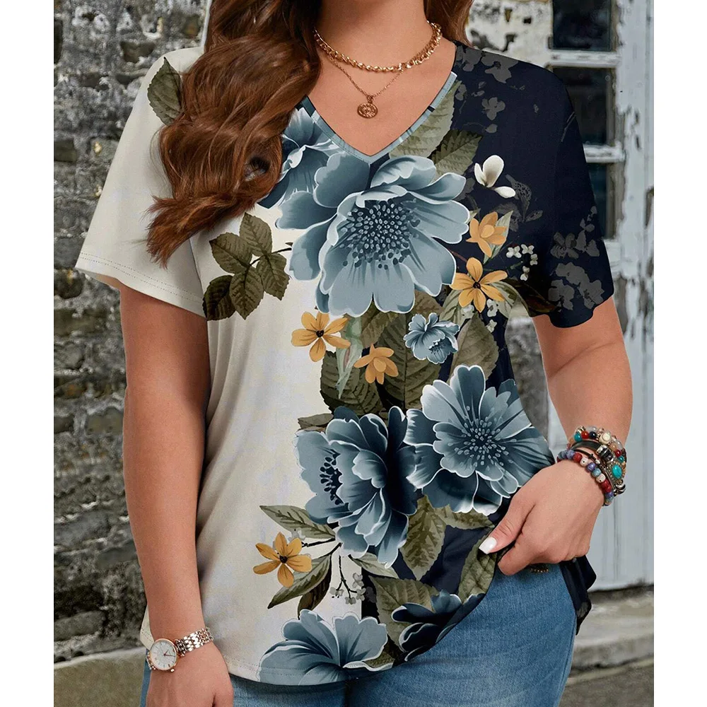 Fashion floral pattern printed V neck short sleeved shirt for women casual style suitable for vacation holiday daily use