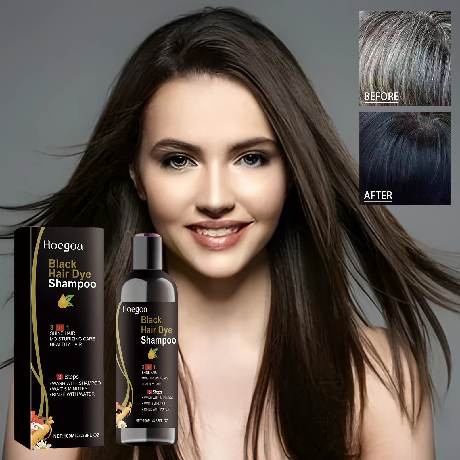 

HOEGOA Hair Dye Shampoo 3in1 Natural Black Color for Men Women Repair Damaged Hair Gray to Black Nourishing Herbal Shampoo 100ml
