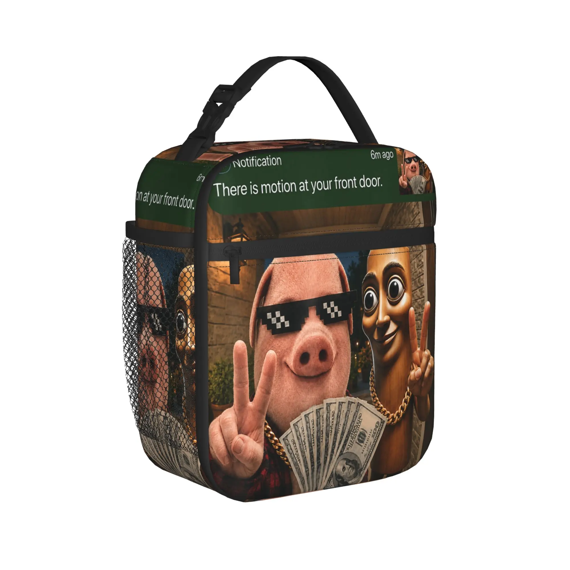 John Pork and Tung Tung Tung Sahur Front Door Motion Lunch Bag  Lunch Box Adult Office Cooler Bag Casual Thermal Tote Handbags