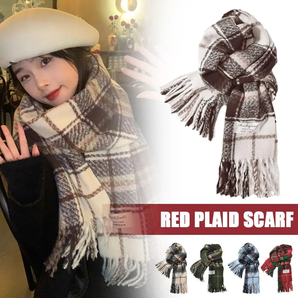 1pcs Cozy Plaid Cashmere Winter Scarf Luxury Warm Travel Scarf For Women In Red And Khaki Colors 2024 Christmas Style L9b6