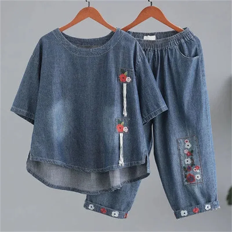 Ensemble Deux Pièces en Denim Fin pour Femme, Nouvelle Version Coréenne, Impression de Panneaux, Rétro, Couvrant la Viande et le Style Étranger, Été 2023