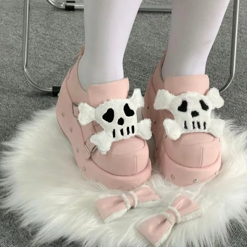 Gothic Black Women's Shoe Designer Punk Funny Flat Shoes Walking Shoes Skeleton Decoration Street Demon Cos Flat Shoes
