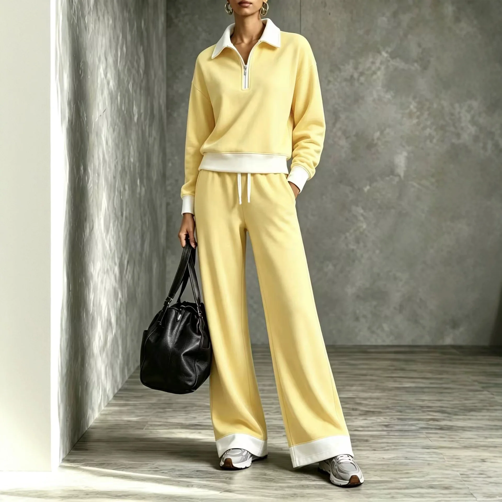 Women's lapel half zipper contrasting sweater wide-leg pants casual two-piece set