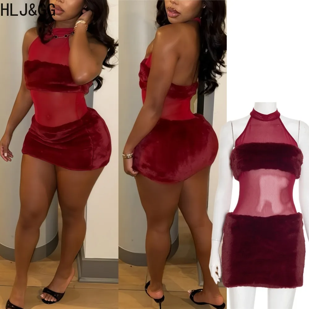 

HLJ&GG Sexy Mesh Fur Patchwork Bodycon Dresses Woman Halter Sleeveless Backless See Through Dress Female Party Clubwear Vestidos