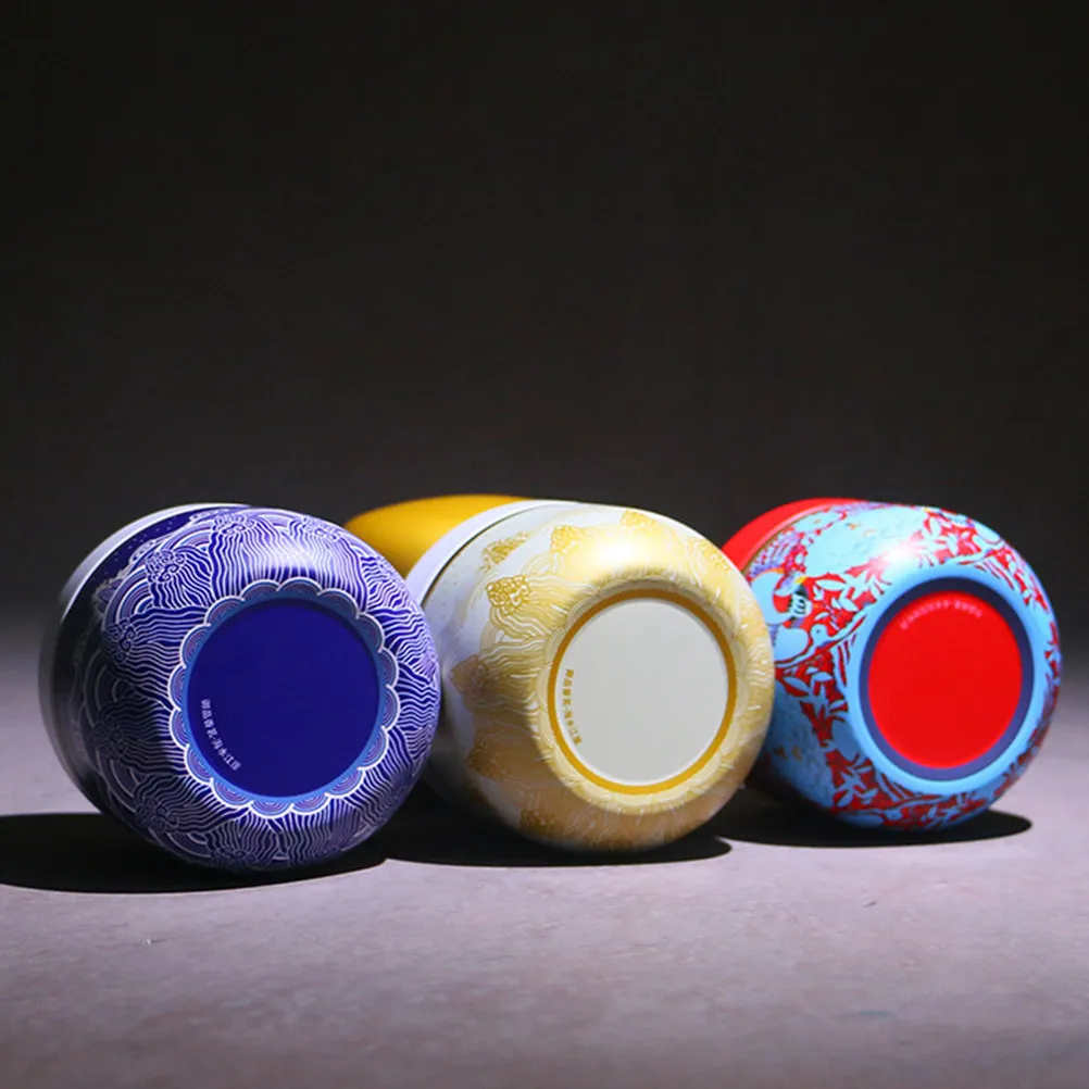 4pcs Round Shape Metal Mini Sealed Tinplate Tea Can Jar Container with Beautiful Printing for Home (River Yellow)
