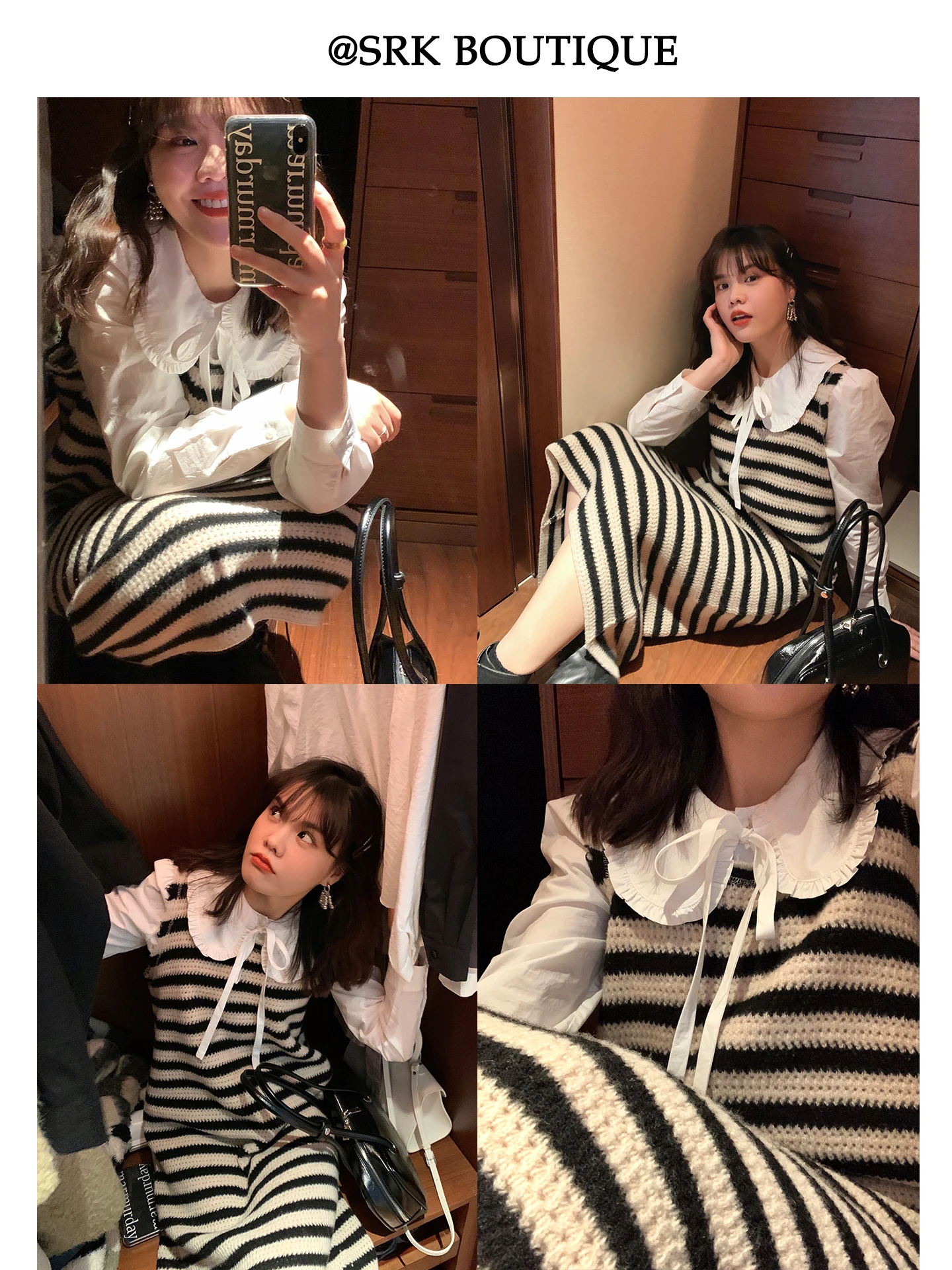 

Шерстяной вязаный жилет SRK00 в клетку для осени и зимы, повседневный, свободного кроя, средней длины, с черно-белыми полосками