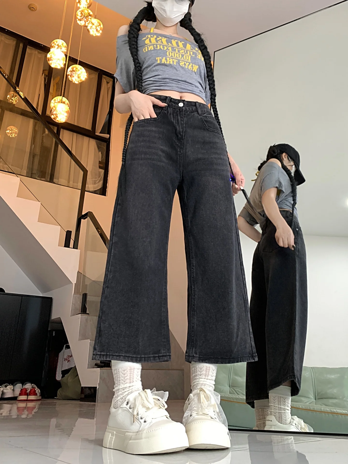 High Waist Wide Leg American Sle Denim Jeans Women Loose Fit Straight Leg Pants Autumn New Sle plus Size Slimming Eighteen