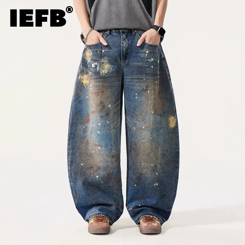 IEFB American Style Ink Splash Graffiti Men's Jeans High Street Oversize Denim Long Pants Loose Washed Vintage Trousers 9X2331