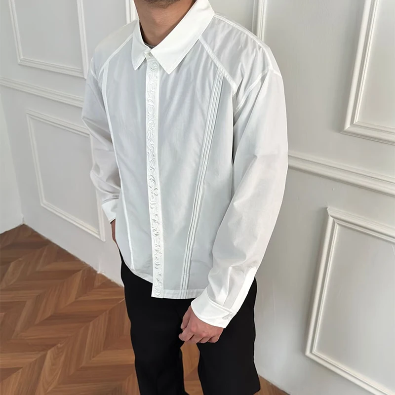 

Men Fall New Casual Solid Color Long Sleeve Shirts Vintage Men's Button Lapel Shirts Fashionable Florals Embroidery Design Shirt