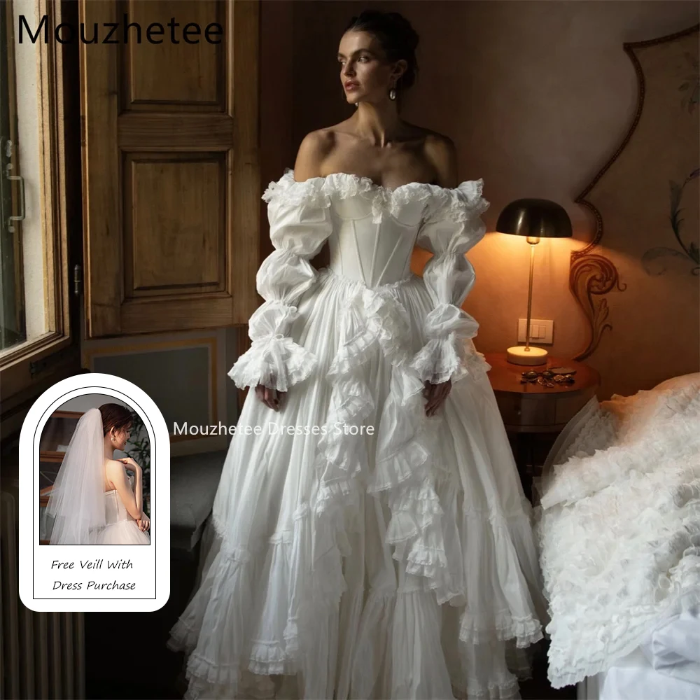Mouzhetee A-Line Off The Shoulder Elegant Wedding Dresses Classic Lace Long Sleeve Brides Gown Custom Made 2025