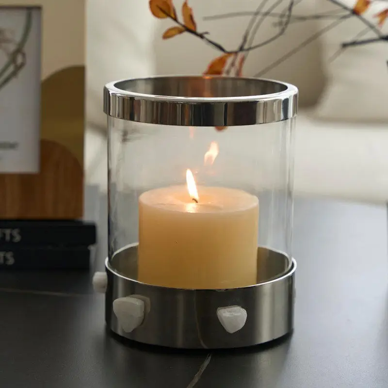 Indian simple silver glass candle holder, dining table candle cup decorative ornament, brass retro glass storage jar