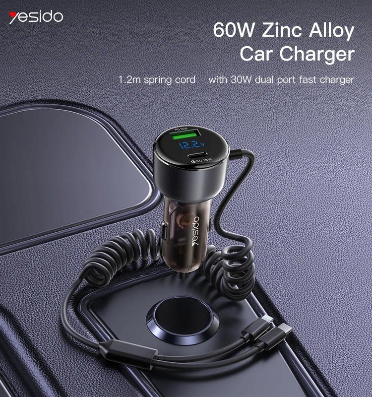 

PD 30W Car Charger With 2 in 1 Fast Charging Retractable Spring Cable PD Type C QC3.0 USB C Car Phone Charger For Samsung Iphone