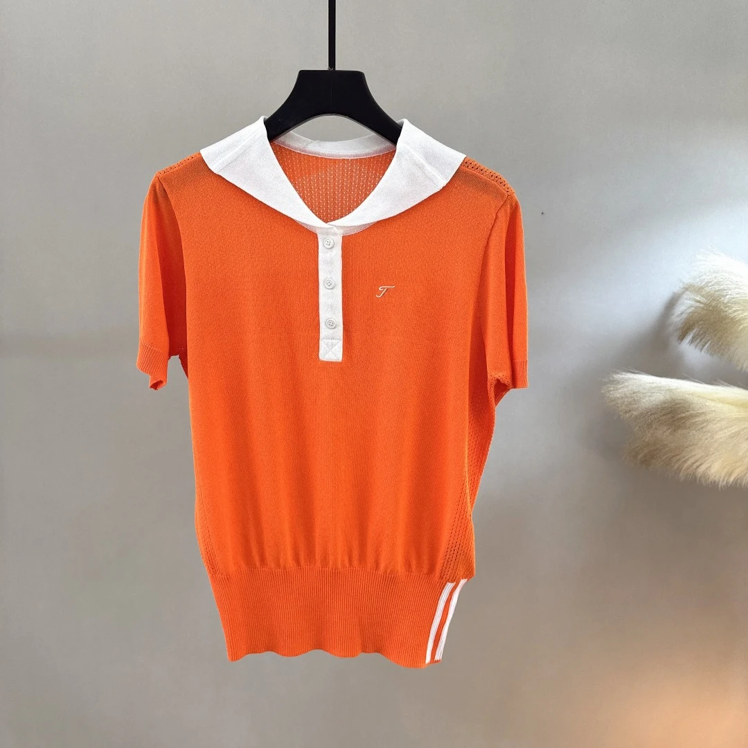 Women's Golf Short Sleeve Knit Top 2026 Fall New Korean Style Cold Touch Youthful Plush Sporty Breathable Stretch QuickDry Soft