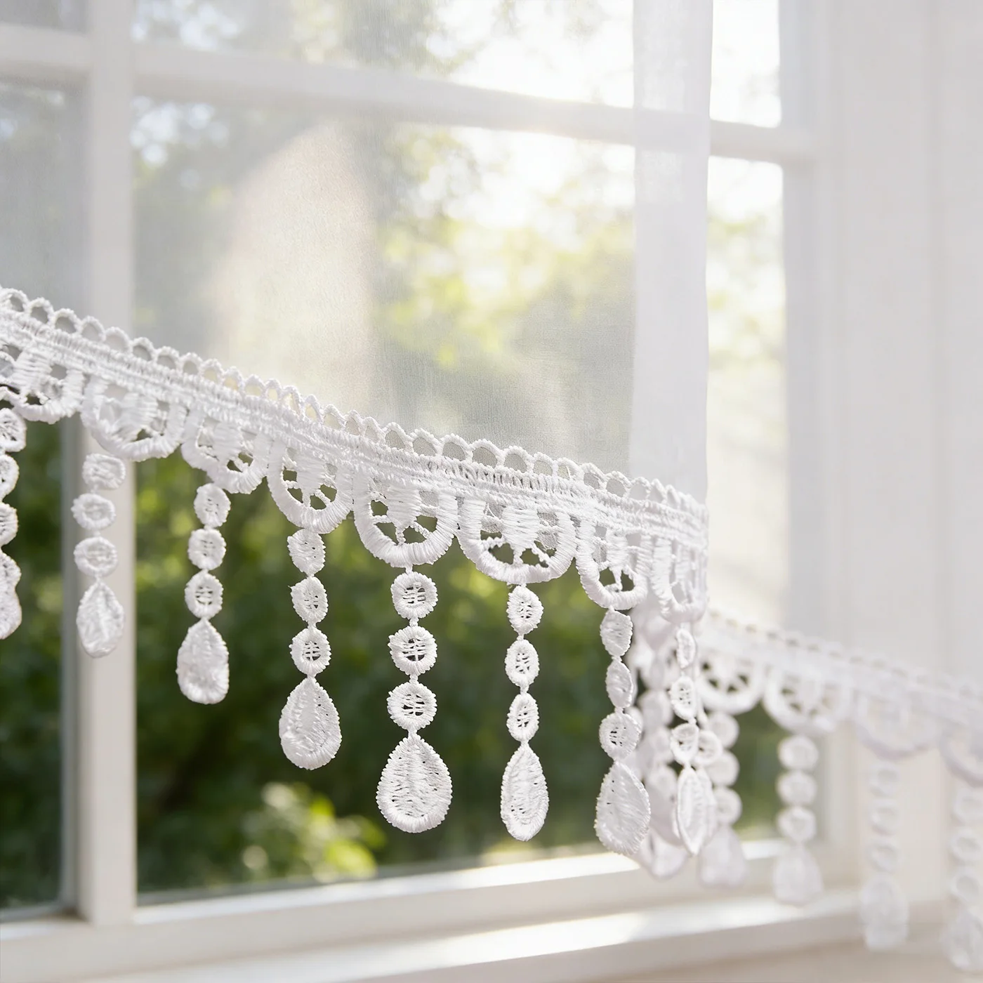 2PCS White Lace Beaded Tassel Cafe Valance Curtains, Light Filter Sheer Drapes For Kitchen Window Sweet Housewarming Gift view 4