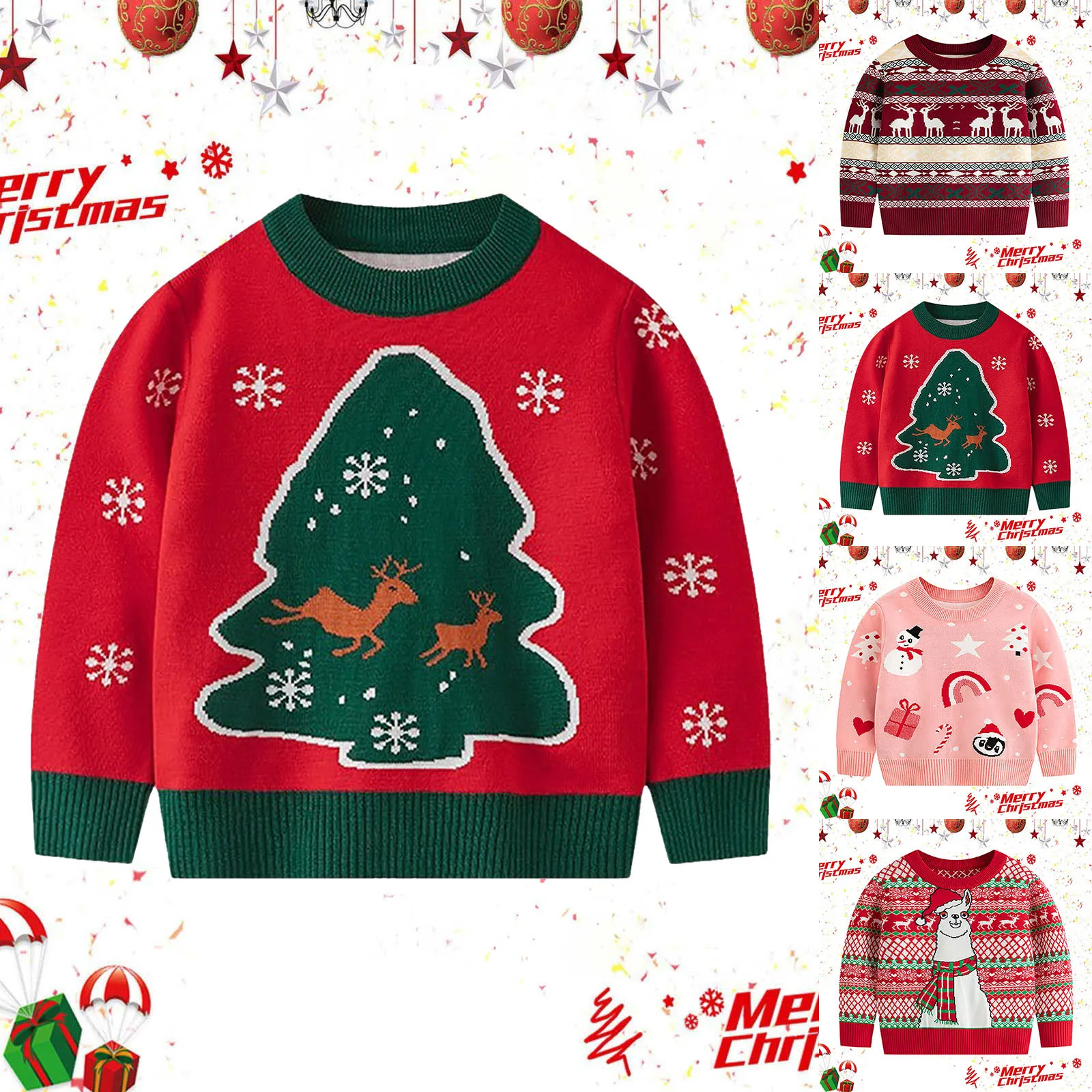 New Christmas Tree Kids Cotton Sweater Winter Boys Girls Party Pullover Knit Clothes Autumn Children Print Warm Knitwear 2-6 Yea