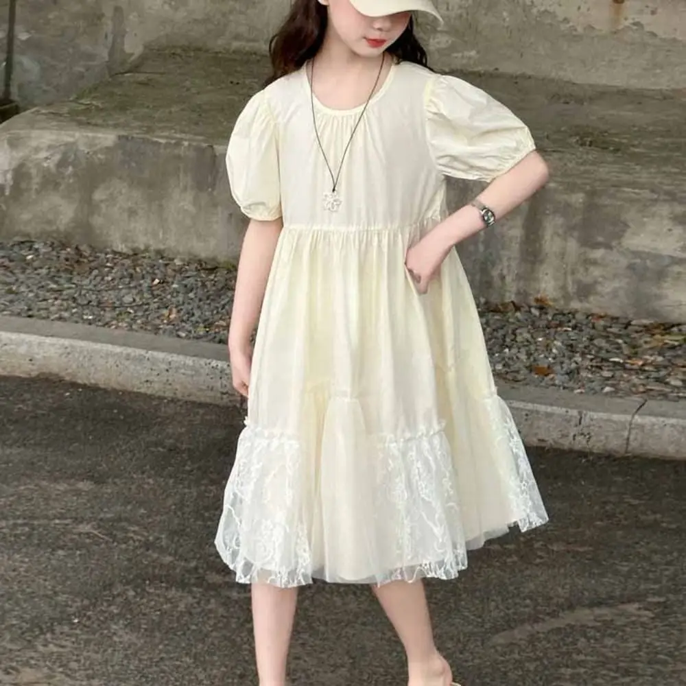 

Elegant Loose Girls Puff Sleeve Dress Lace Teenagers Summer Kids Dresses Pleated Party Children Princess Dress Students