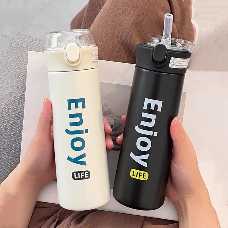 350ml/500ml Fashion Stainless Steel Vacuum Flask With Straw Portable Student Thermos Mug Travel Thermal  Water Bottle Tumbler