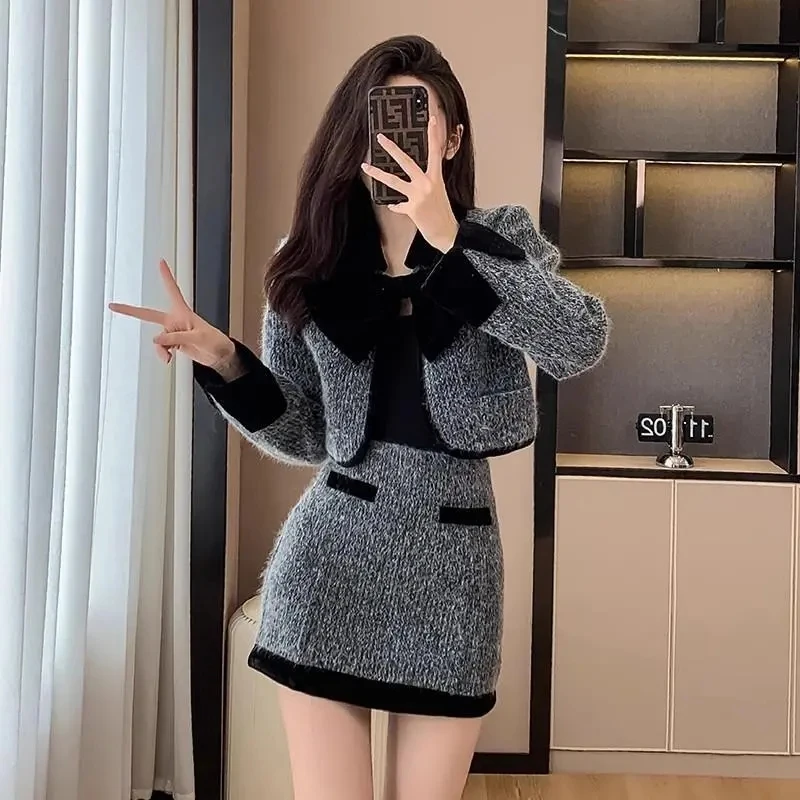 French-style Elegant Set High-end Bow Wool Short Coat and Bodycon Skirt Women's Autumn/winter Two-piece Outfit Hot Sale