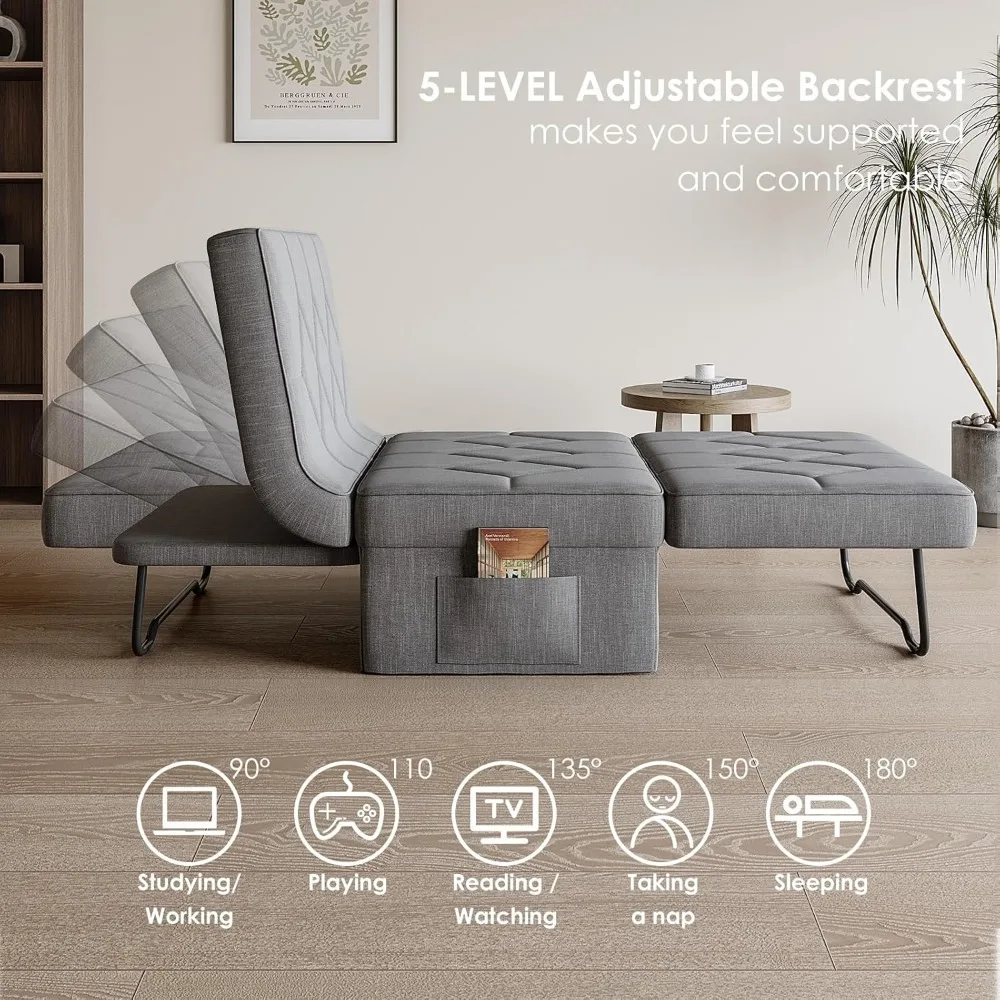 أريكة سرير قابلة للتحويل مع مسند ظهر قابل للتعديل مكون من 5 مستويات، 74 عمق × 37 وات 4 في 1 سرير كرسي نوم عثماني قابل للطي، فوتون فردي حديث