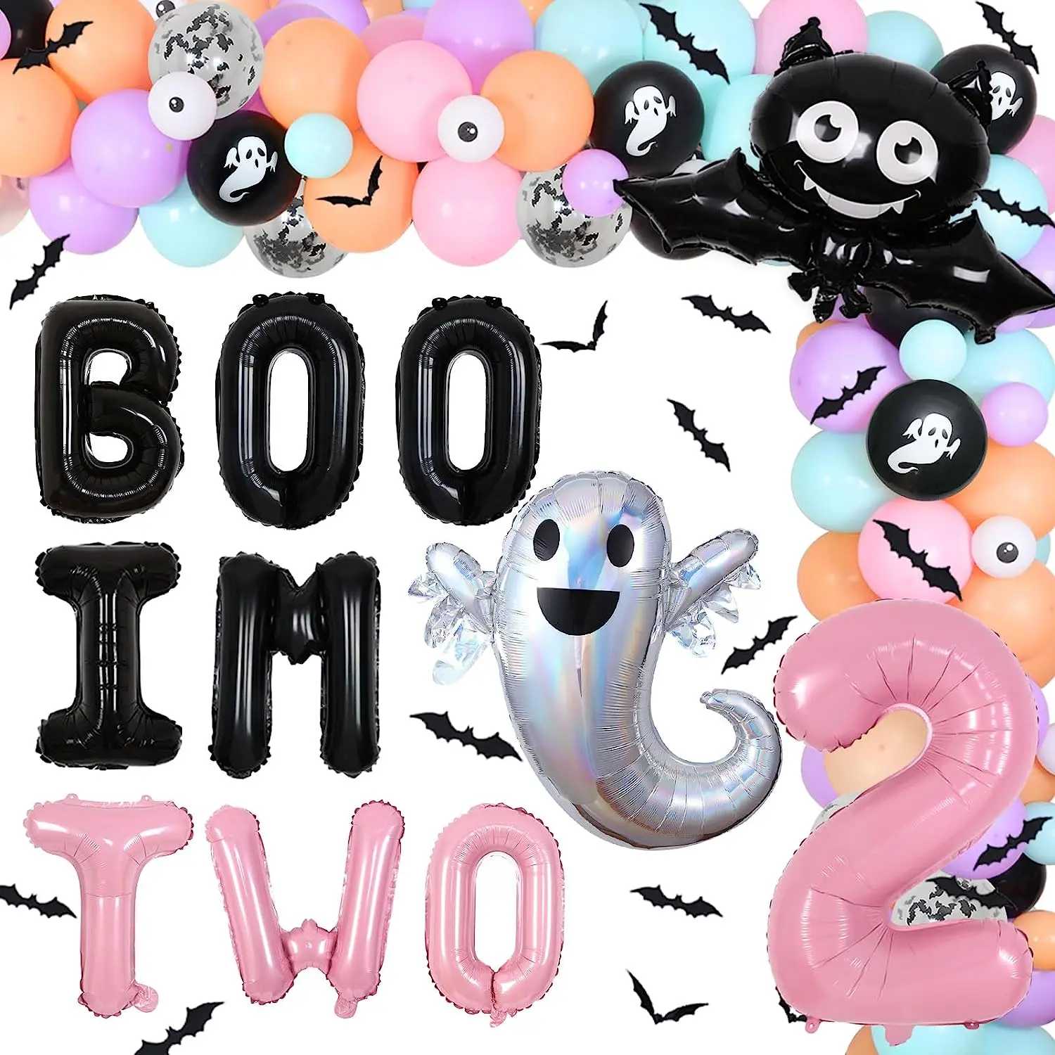 

Halloween 2nd Birthday Decorations for Girl Pastel Boo I'm Two Balloons Garland Kit with Bats Wall Stickers Bat Ghost Balloon