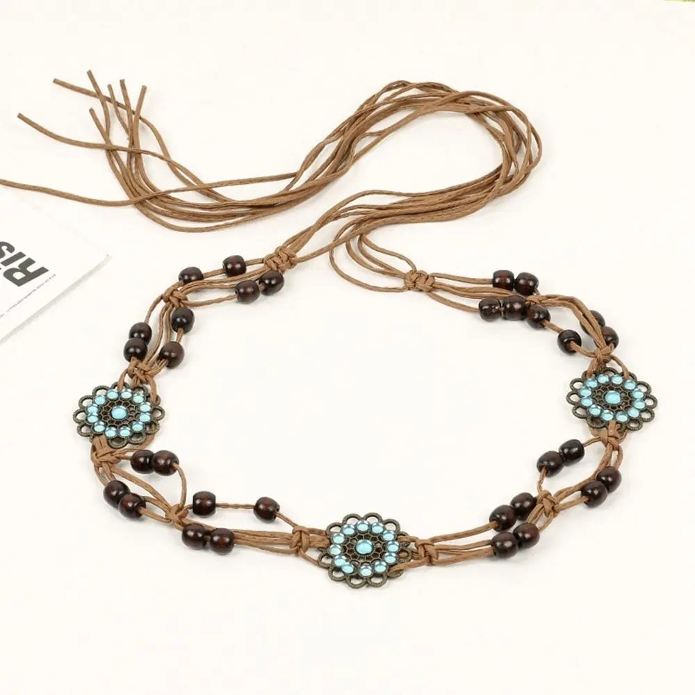 

Retro Y2K Wooden Bead Rhinestone All-match Wax Rope Butterfly Ethnic Style Belts Braided Tassel Belt Bohemian Women Waist Chain