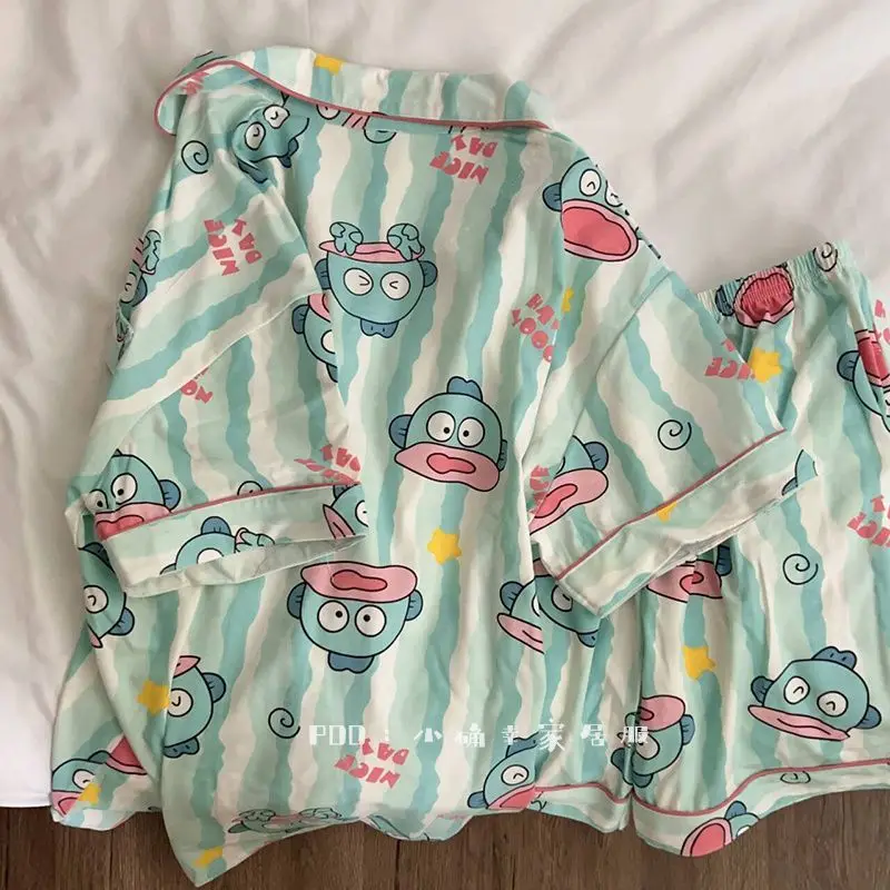 شريط Hangyodon المرأة بيجامة مجموعة Kawaii الكرتون الرسوم المتحركة الفتيات تي شيرت بنطلون بيجامة الكرتون طباعة كاملة ملابس منزلية غير رسمية #3