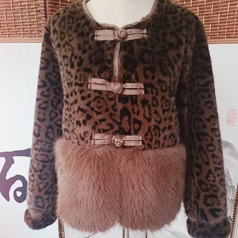 Women's Clothing Autumn Winter New Fashion Leopard Print Faux Fur Coat Short  Coats for Women Patchwork Jacket Single-breasted