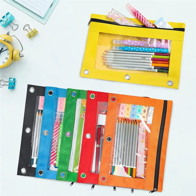 

NEW-Pencil Pouch For 3 Ring Binders, 30 Bulk Pencil Pouches, 6 Different Colors, 3 Hole Zipper Pencil Pouch, Office Supplies