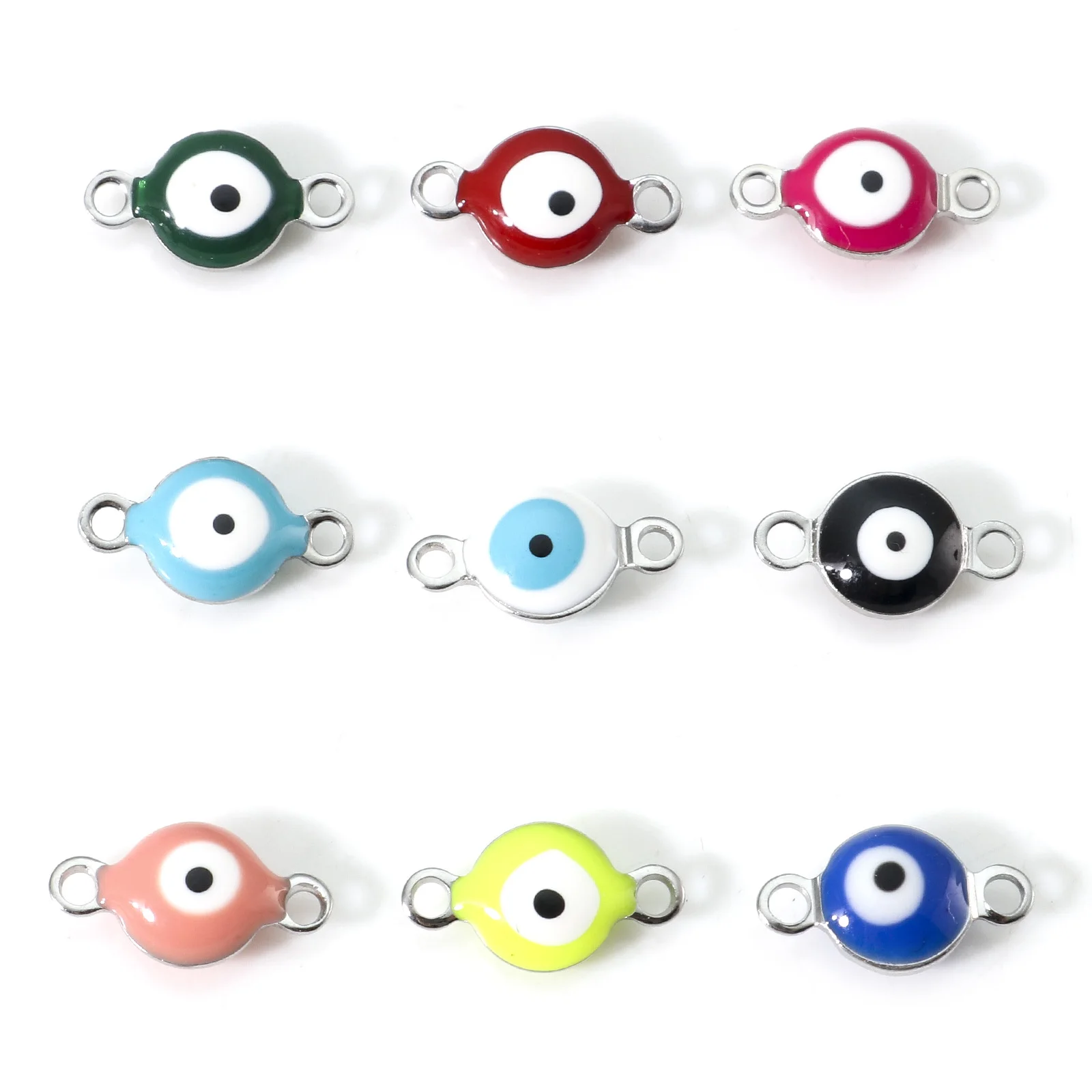 10PC Stainless Steel Religious Round Evil Eye Connectors Silver Color Double Sided Enamel Charms Jewelry Making Findings 11x6mm