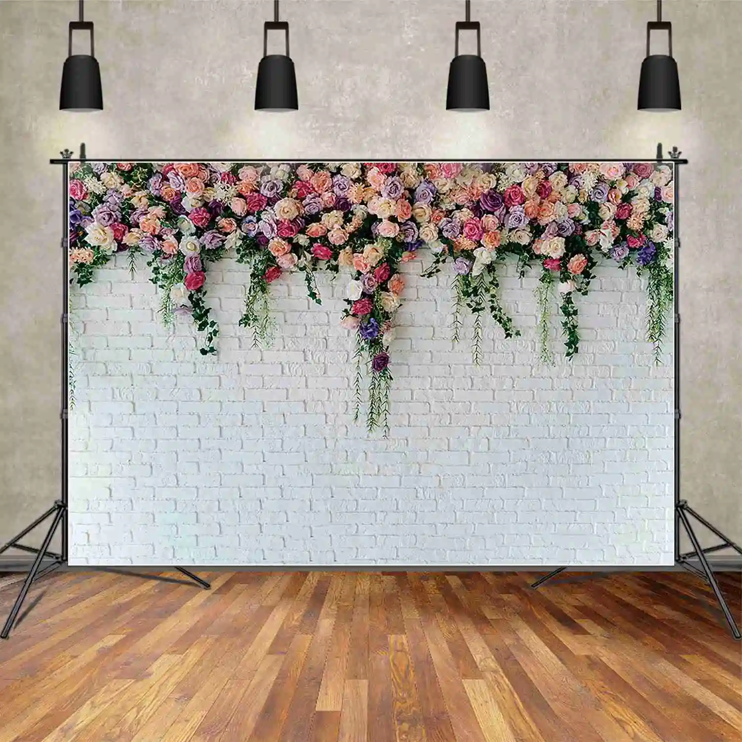

MOON.QG Flower Vines Photo Backdrop White Brick Wall Wedding Shoots Photozone Decoration Background Studio Photography Props