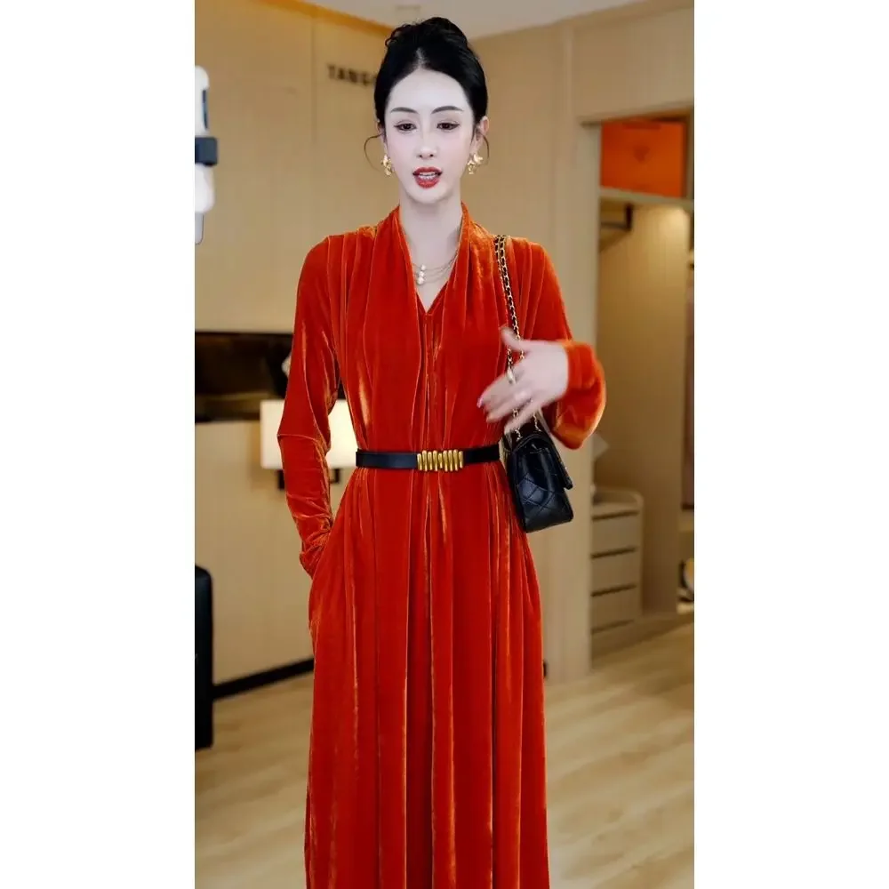 New high-end wine red mother V-neck Korean velvet dress, noble cheongsam long sleeved  vestidos elegantes para mujer