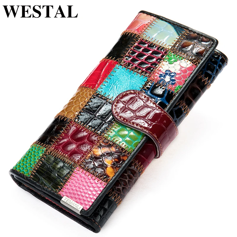 

WESTAL Women's Wallet Genuine Leather Patchwork Wallet for Women Clutch Bags for Cellphone Women's Purses Coin Wallets Long 4202