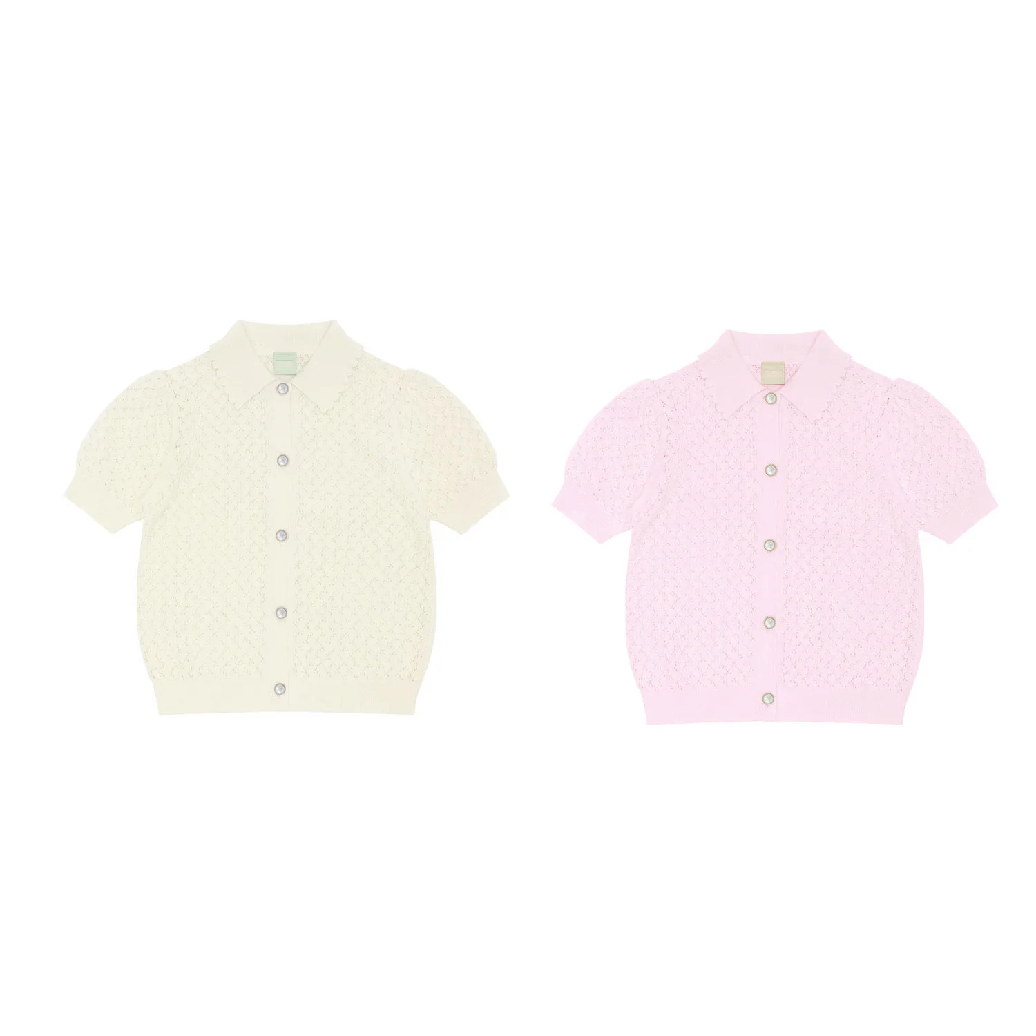 

Милый вязаный кардиган для девочек, 2 цвета, с короткими рукавами-фонариками, на пуговицах, ажурный свитер, детский повседневный топ на весну-лето